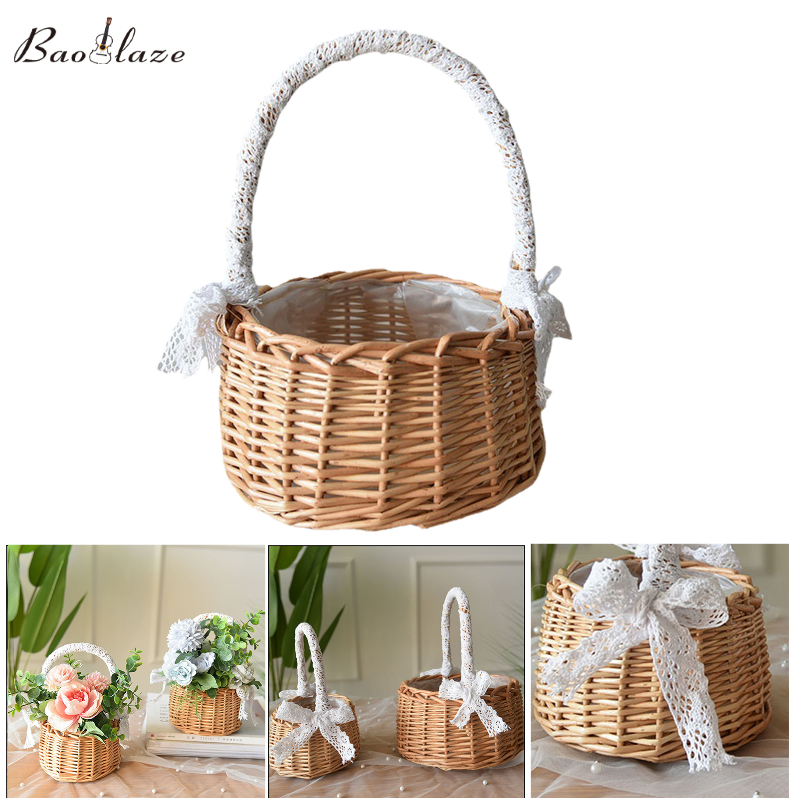 Baoblaze Rustic Handmade Rattan Storage Basket Wedding Flower Wicker Plant Holder