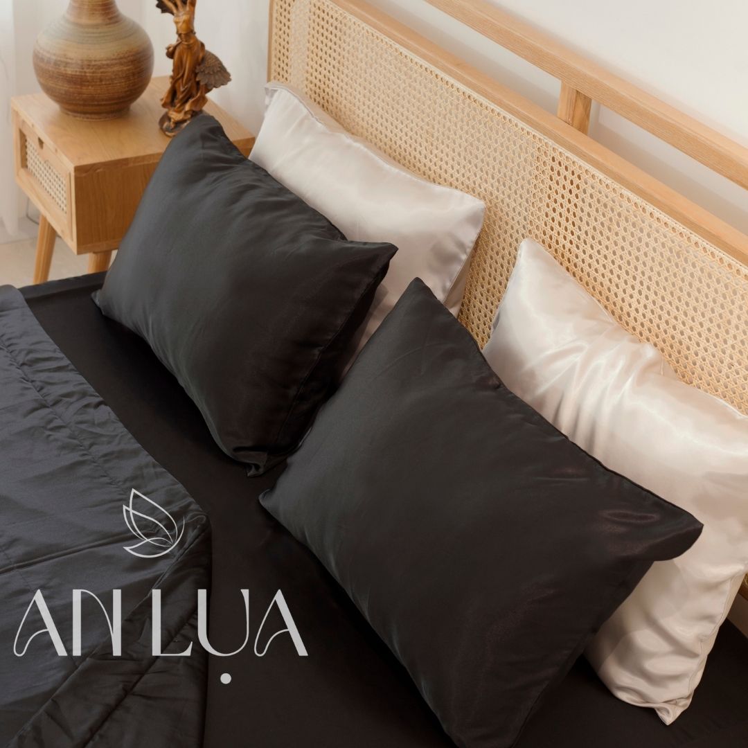 Bộ chăn drap 5 món An Lụa vải lụa mịn mát và thân thiện cho da - Đen