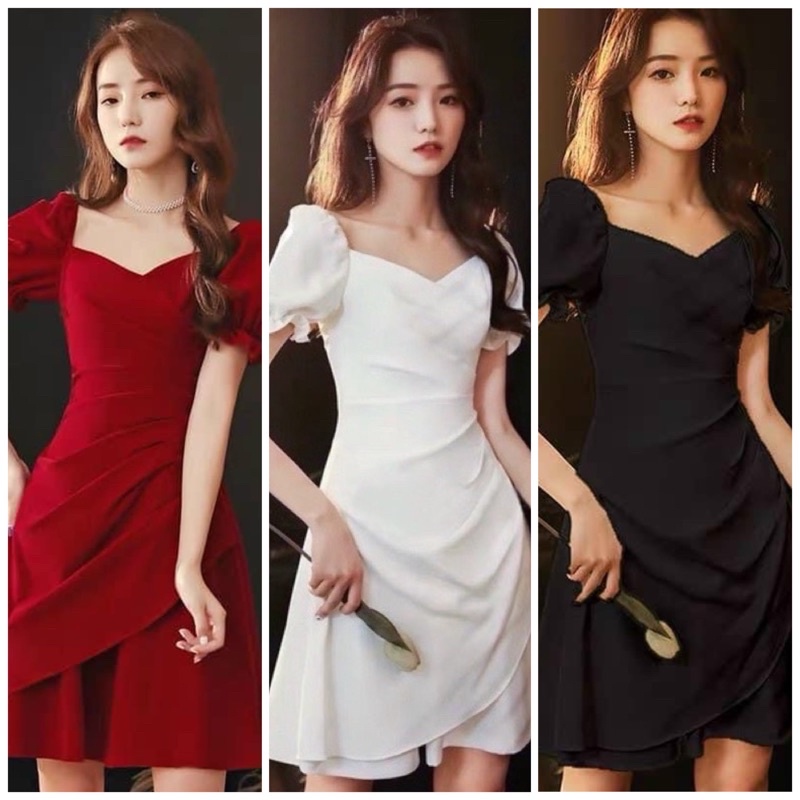 Đầm váy thun vai xếp li eo 3 màu