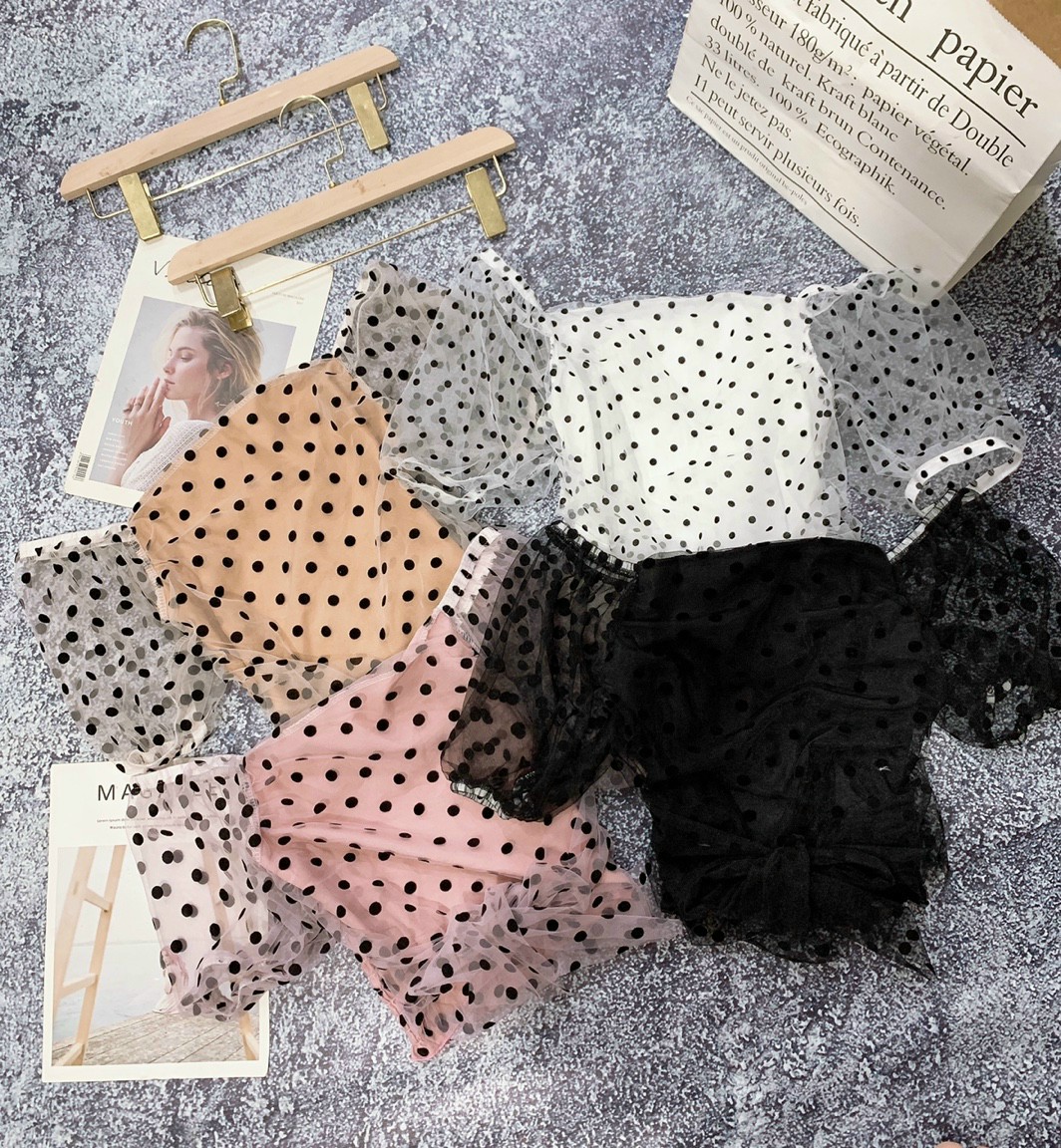 Áo Voan Kiểu Chấm Bi Hot Trend Trễ Vai Thắt Nơ Bụng Fashion TTKXA0029