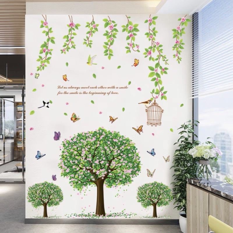Decal dán tường tán dây leo và ba cây hoa xanh