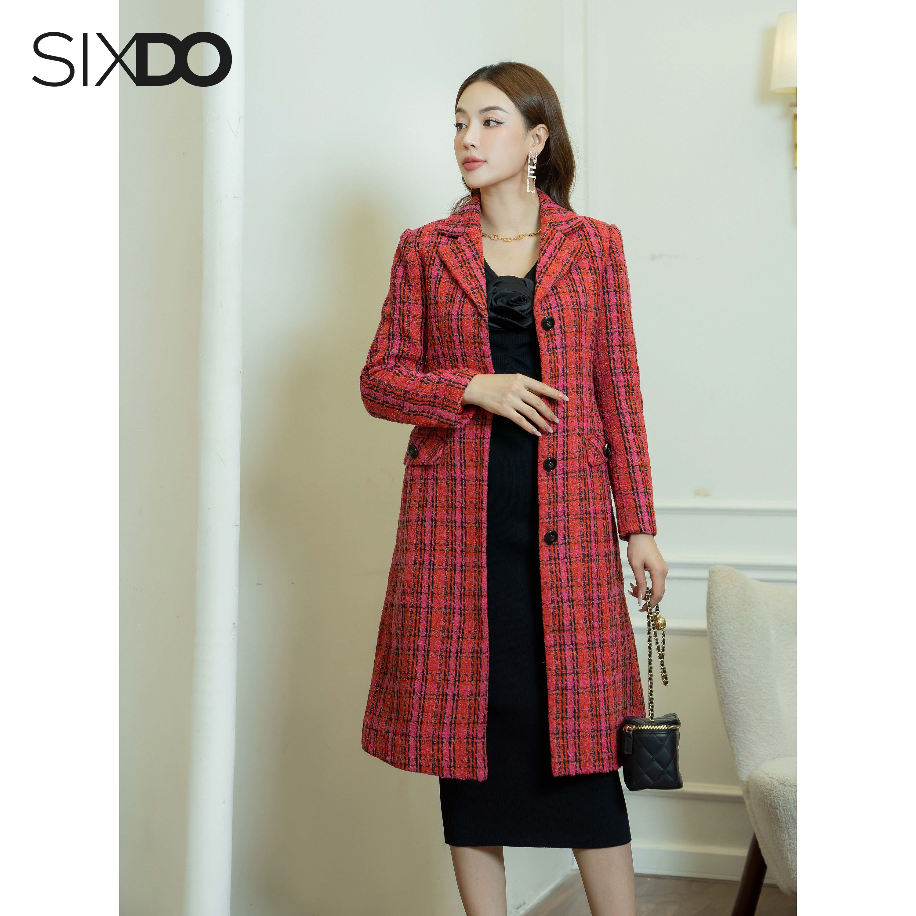 Áo khoác nữ dạ tweed dáng dài SIXDO (Dark Red Check Long Tweed Coat)