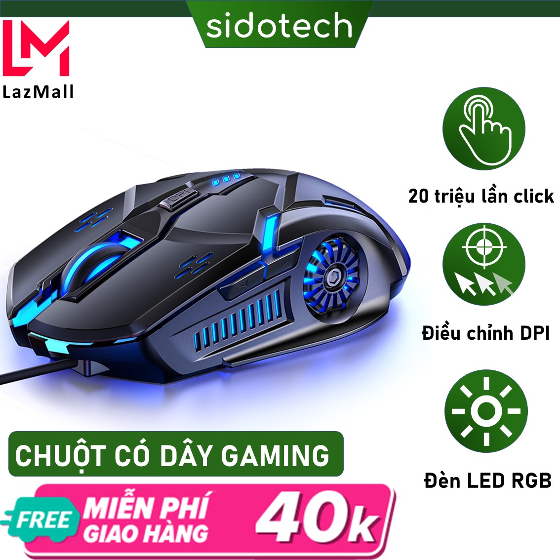 Chuột máy tính gaming có dây game thủ SIDOTECH 3200DPI chế độ LED 7 màu, thiết kế 6 nút bấm tiện dụng khi chơi game lướt web làm việc văn phòng tương thích máy tính laptop - Hàng Chính Hãng