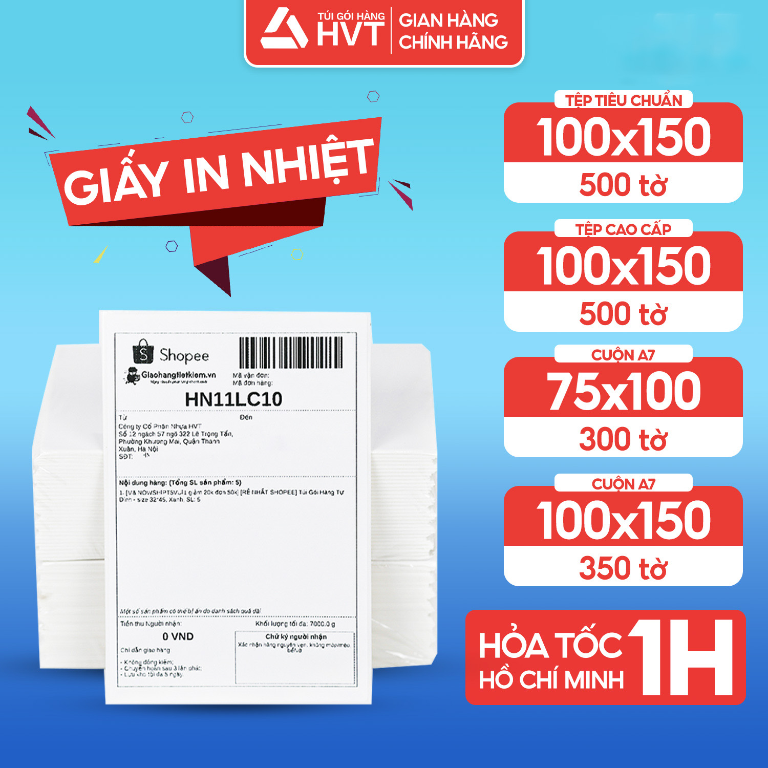 Giấy in nhiệt  A6 100x150 chống nước NHỰA HVT chuyên dùng giấy in đơn hàng, in bill, hóa đơn có decal dán sẵn siêu nhanh không phai mực keo tự dính dạng cuộn, dạng tệp