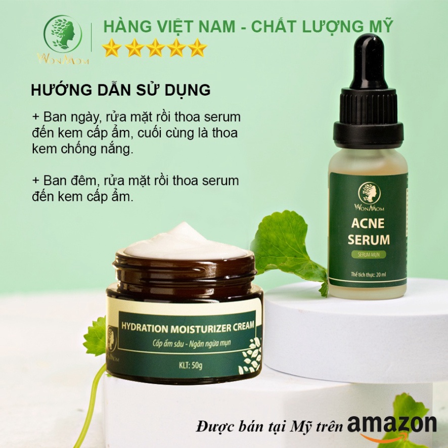 Combo hết mụn cứng đầu với bộ sản phẩm Wonmom ( 1 sữa rửa mặt + 1 serum mụn + 1 kem cấp ẩm )