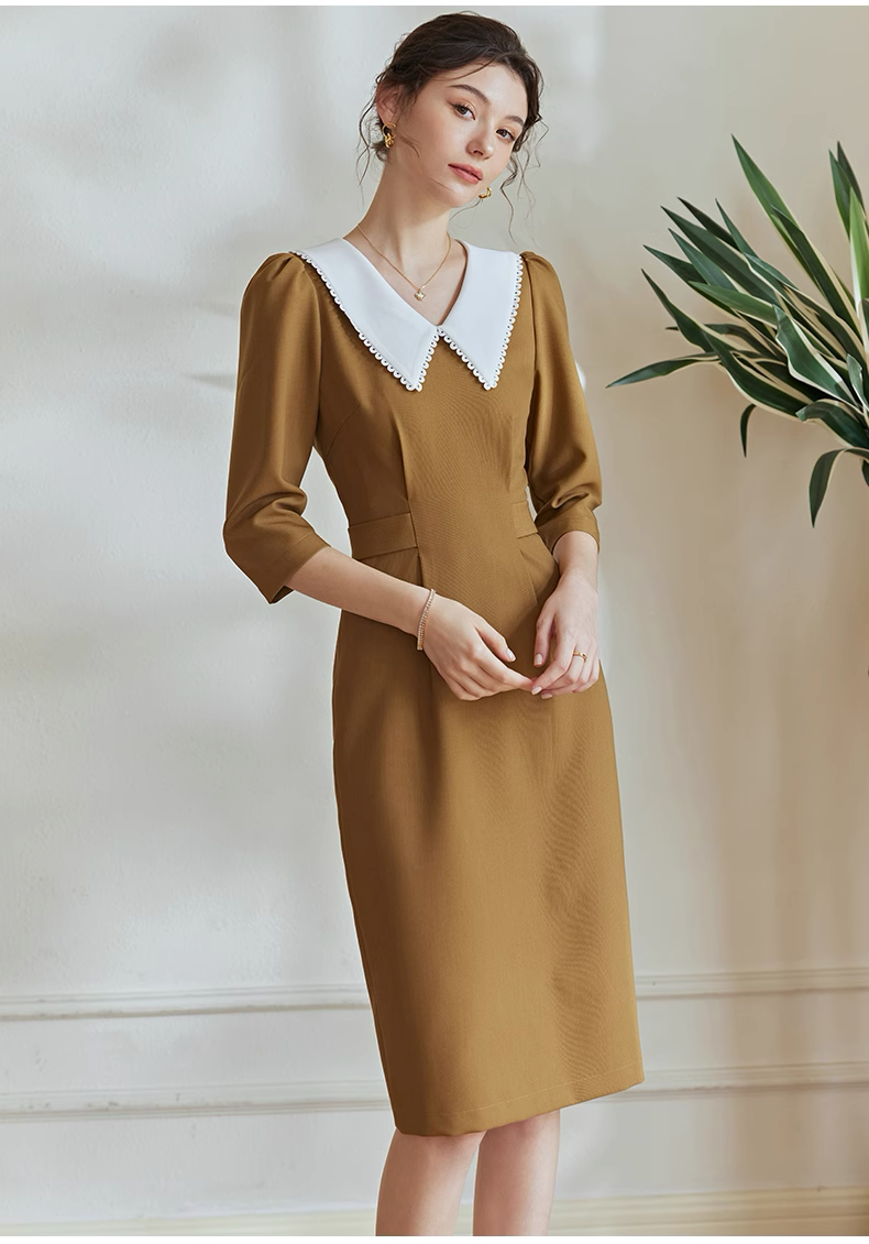 Đầm suông xếp eo cổ sơ mi trắng phối ren tay lửng