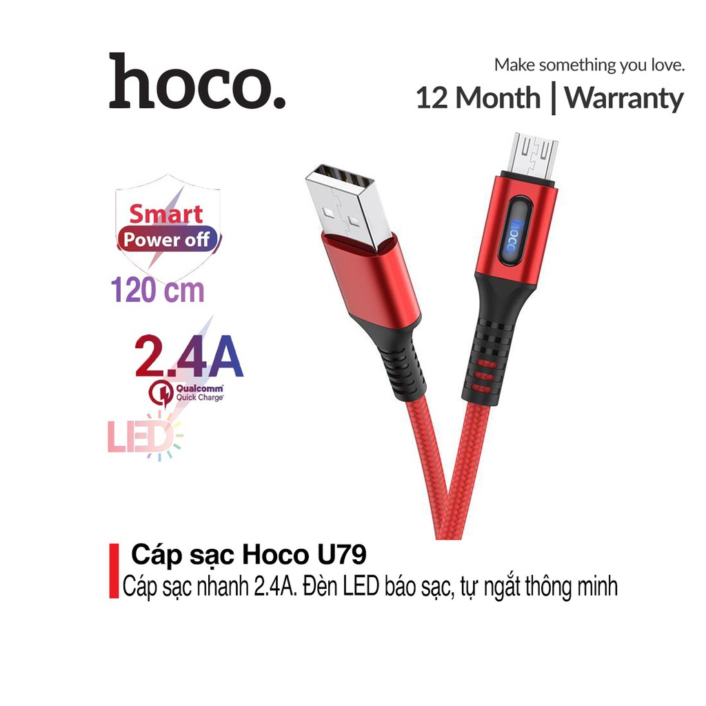 Cáp sạc nhanh 2.4A Hoco U79 Micro dây dù siêu bền tích hợp đèn Led , tự ngắt pin khi đầy cho Android dài 1.2M