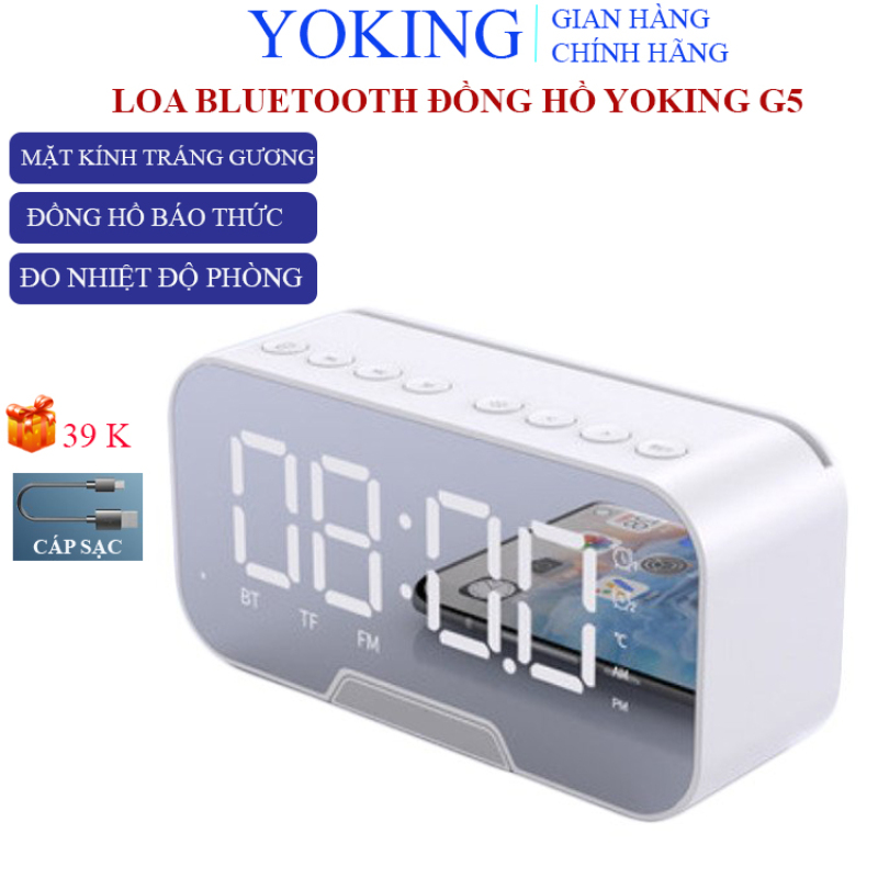 Loa bluetooth đồng hồ Yoking G5, loa không dây nghe nhạc siêu bass mặt kính tráng gương làm đèn ngủ, đo nhiệt độ phòng phiên bản màu trắng