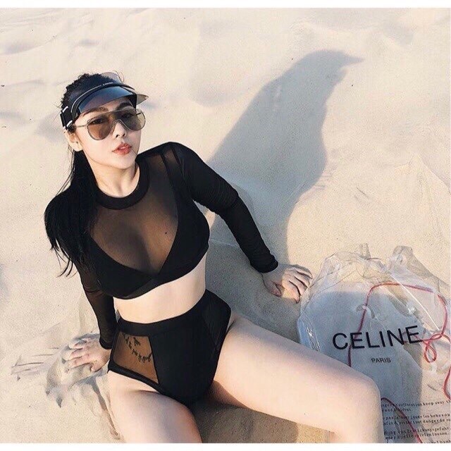Bikini đồ bơi hai mảnh tay dài phối lưới đen sành điệu