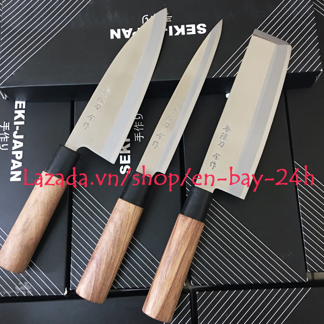 Set 3 Dao nấu bếp Nhật Bản (dao Sashimi, Nakiri và dao Deba) cán gỗ cao cấp, lưỡi thép không gỉ