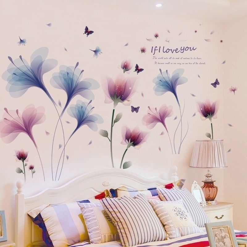 Decal dán tường hoa xanh tím