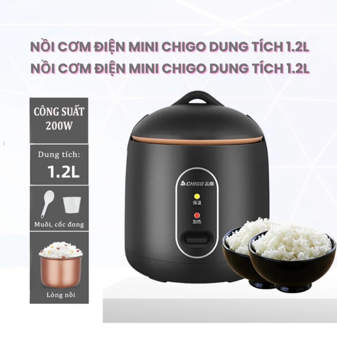 Nồi Cơm Điện, Nồi Cơm Điện Mini Đa Năng Chigo Dung Tích 1.2L Chống Dính Phù Hợp Cho 1-2 Ngườ, nồi cơm điện, nồi nấu cơm, nồi cơm, nồi, nồi điện, nồi nấu đa năng , nồi, nồi lẩu , nồi nấu cơm bằng điện, nồi nấu đa năng mini, nồi mini , nồi cơm 1L8, nồi mini