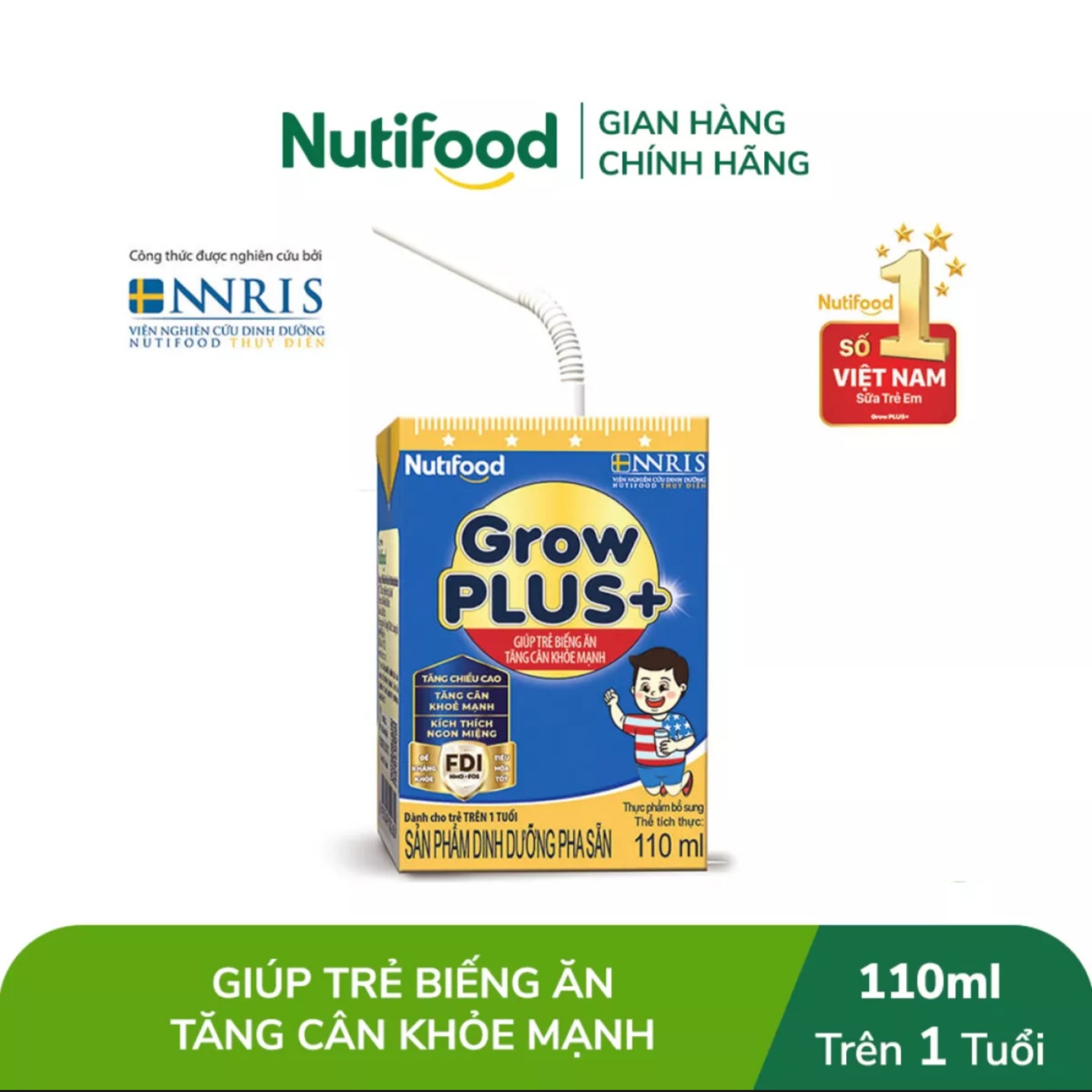 Thùng 48 Hộp Sữa Bột Pha Sẵn NutiFood Grow Plus 1+ {Xanh} 110ml.