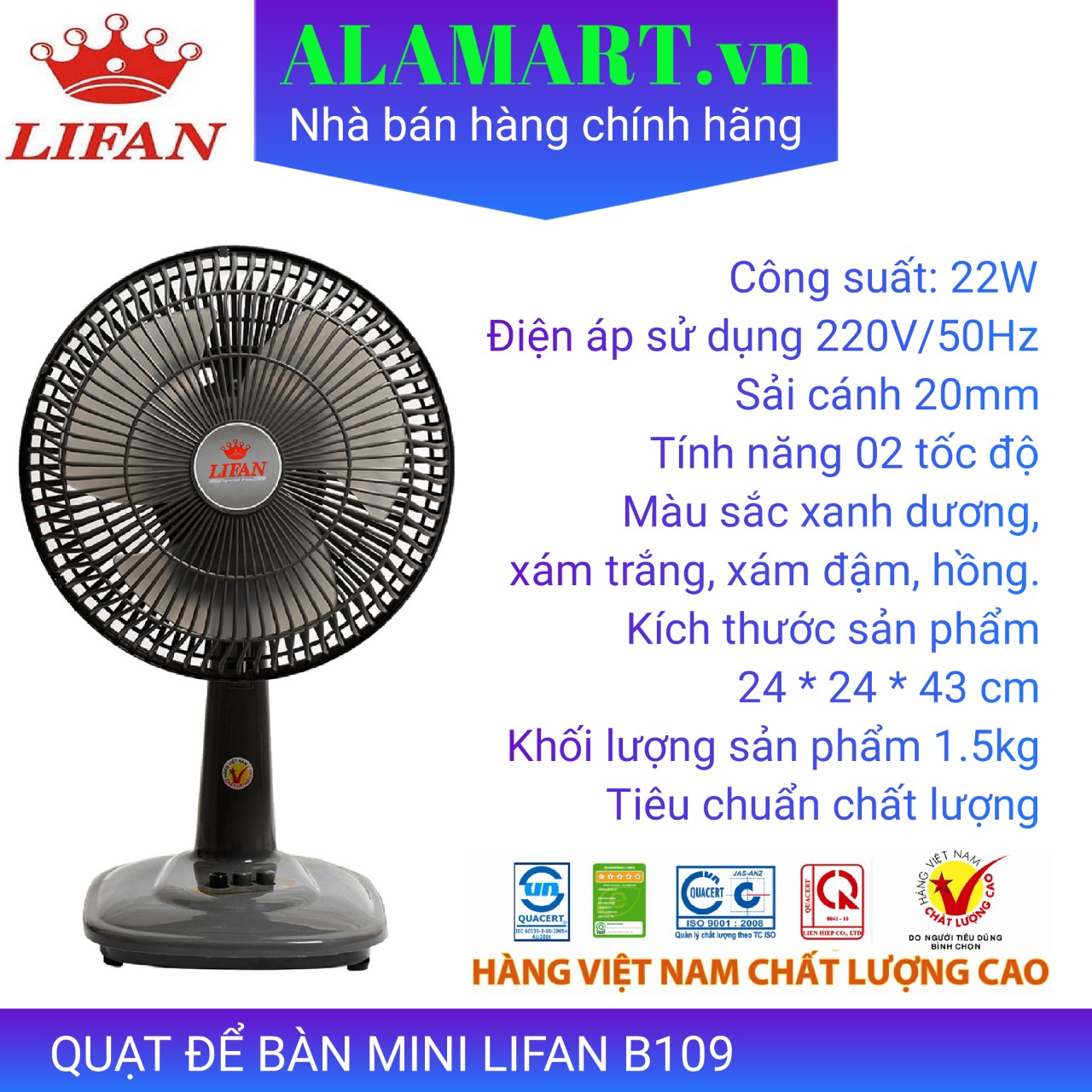 Quạt Bàn Lifan B-109  ( hàng chính hãng, mới 100%) bảo hành 12 tháng