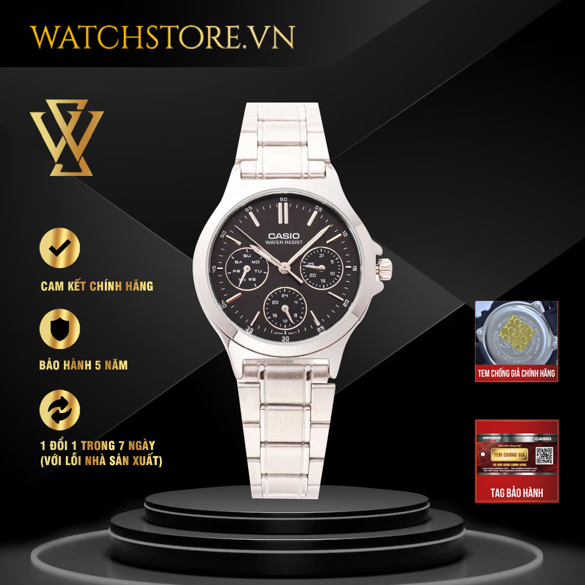Đồng hồ quartz nữ casio chính hãng watchstore ltp-v300d-1audf thiết kế mặt kính khoáng 33.2mm, dây kim loại, vỏ thép không gỉ