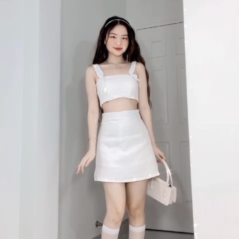Set croptop corset thắt nơ + chân váy A
