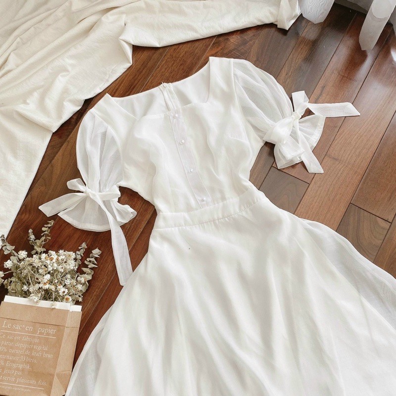 Đầm cổ vuông tay nơ 2 màu