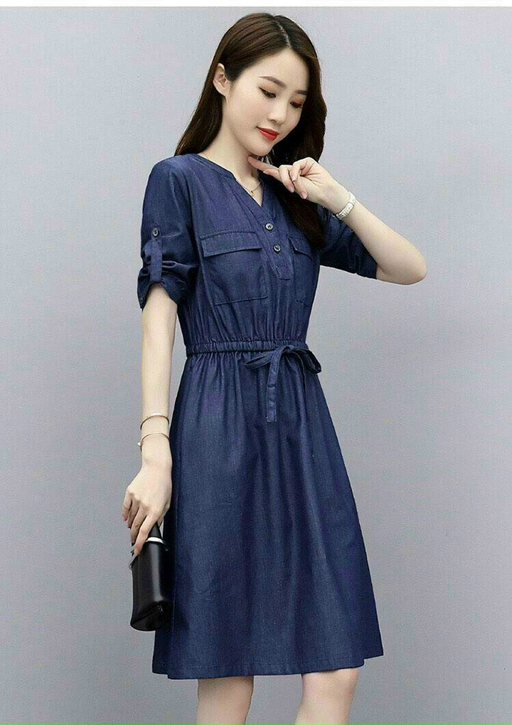 [HCM]Đầm Jean Nữ Thắt Dây Eo Thời Trang