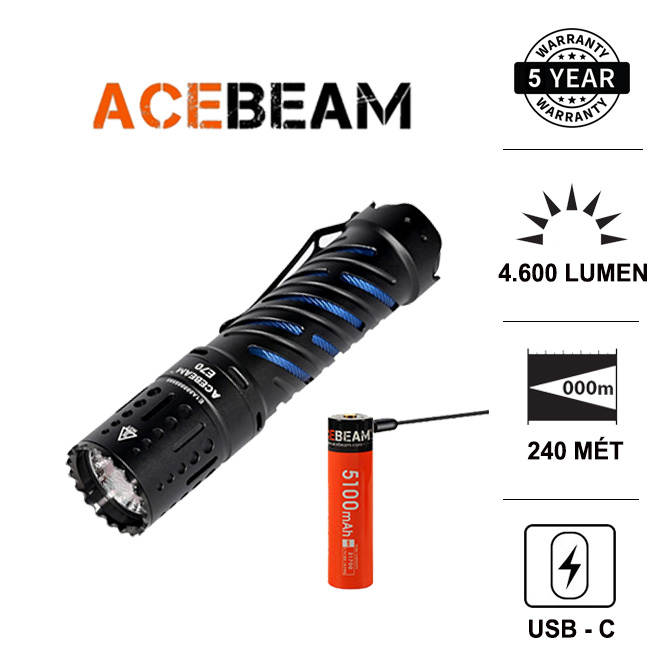Đèn pin siêu sáng ACEBEAM E70 sáng 4600lm chiếu xa 240m LED XHP70.2 dùng
