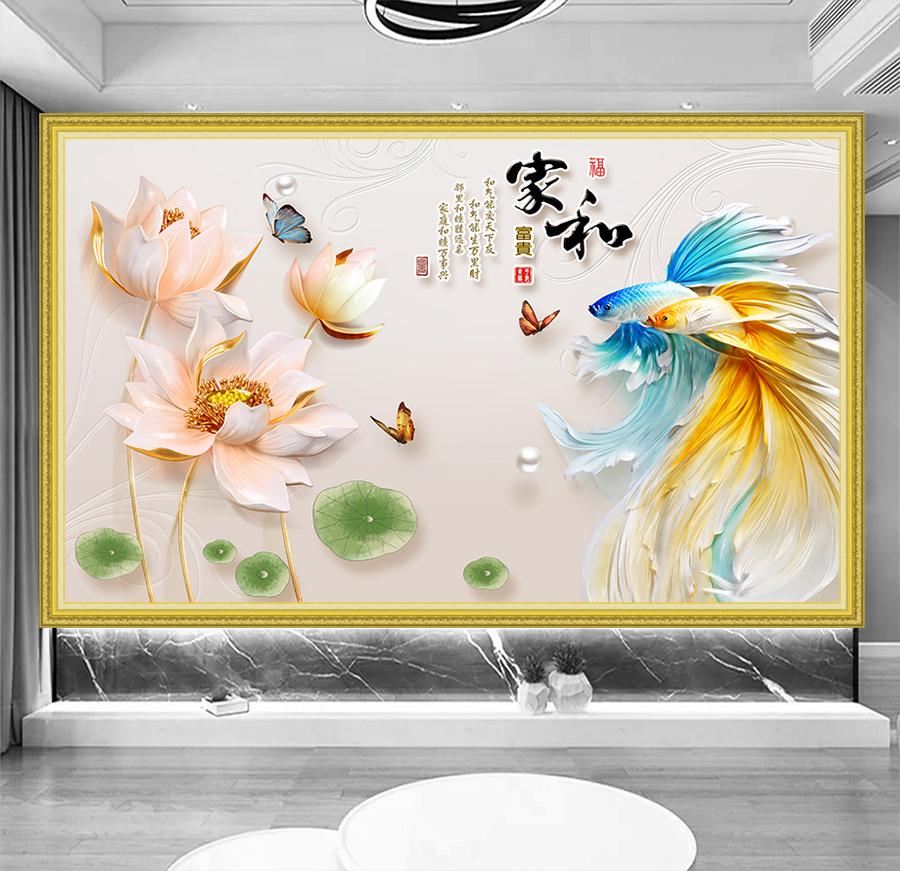 Tranh dán tường VTC Hoa sen ngọc và đôi cá đẹp ZTU-87378 PC Kim sa