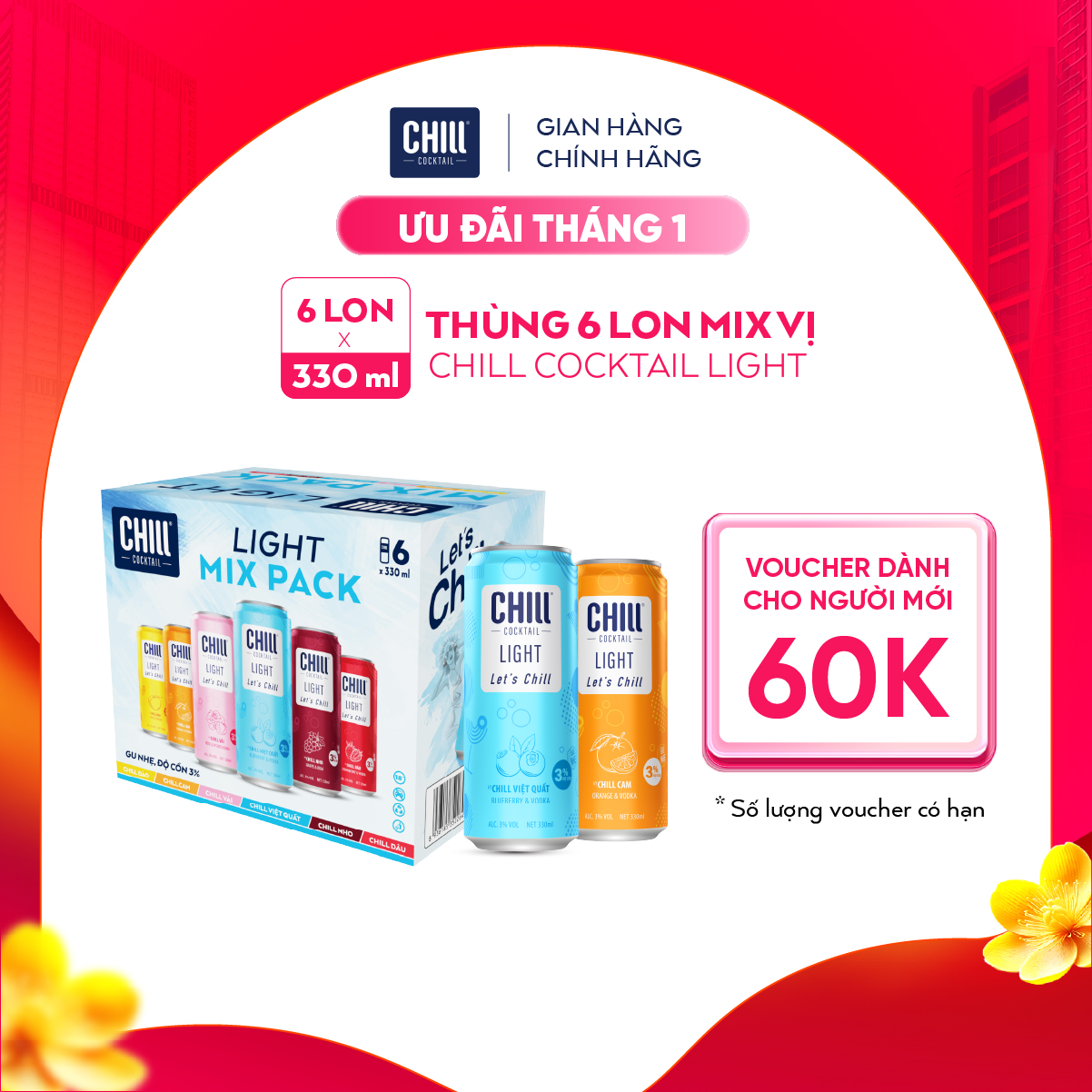 Thùng 12 lon Chill Cocktail mix vị 320ml/lon (độ cồn 3%)