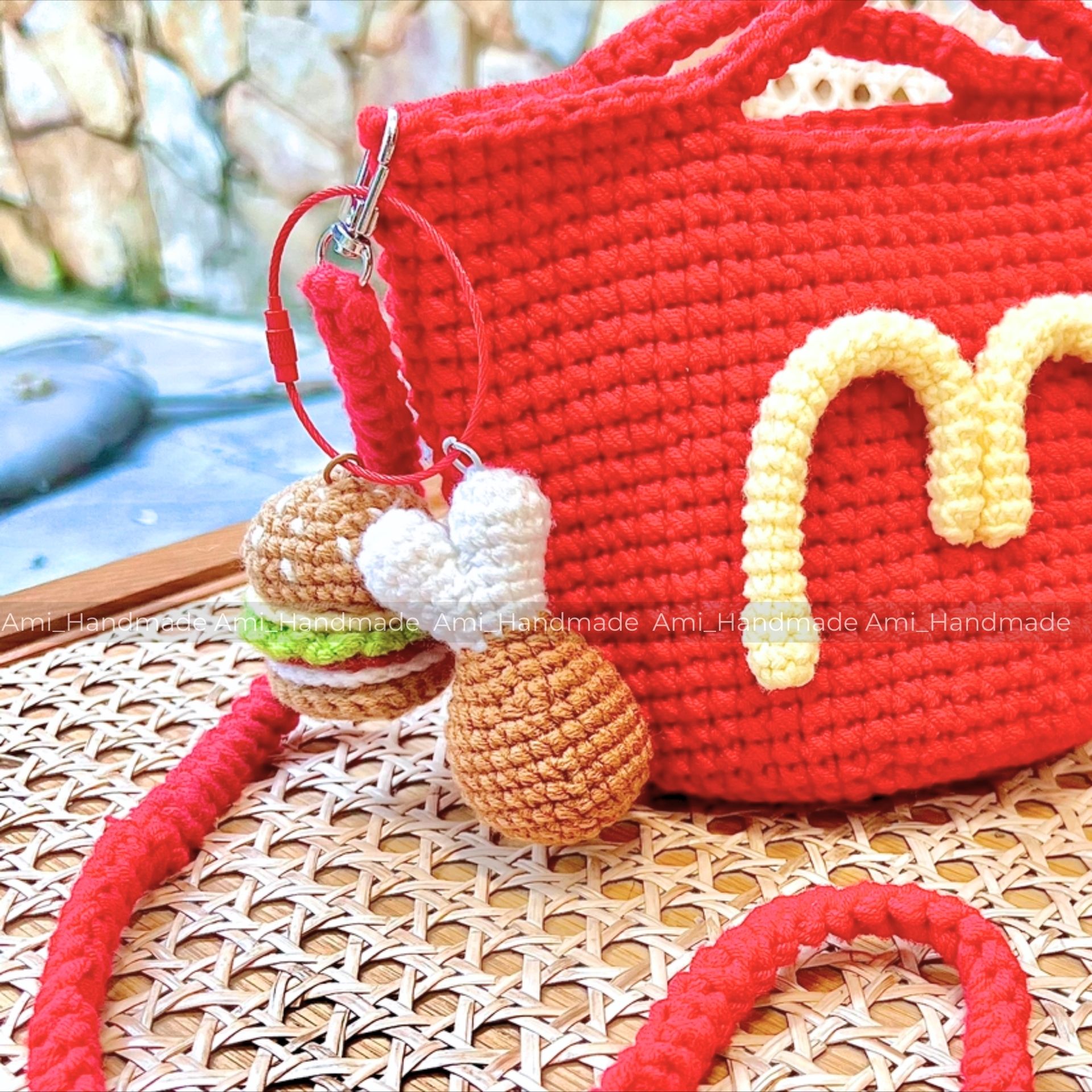 Móc khóa len Hamburger, Đùi gà cháy tỏi (Sản phẩm len handmade)