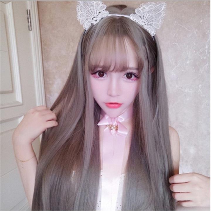 Tóc giả nữ nguyên đầu,tóc giả nữ cao cấp làm bằng tơ mềm mượt như tóc thật (màu khói) + tặng kèm lưới