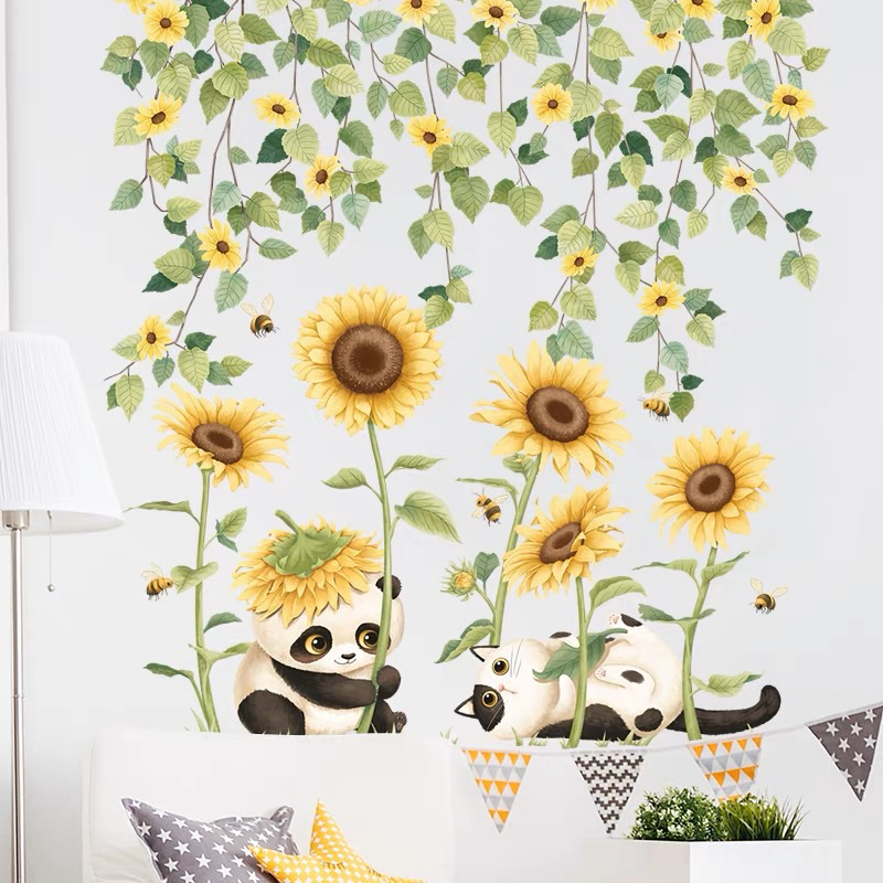 Decal dán tường hoa hướng dương và gấu trúc đáng yêu