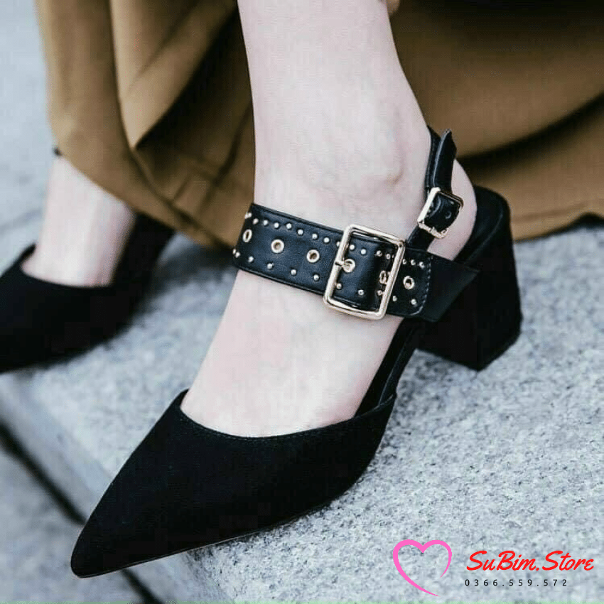 Sandal cao gót mũi nhọn quai đinh gót vuông 5p siêu chất – subim.store