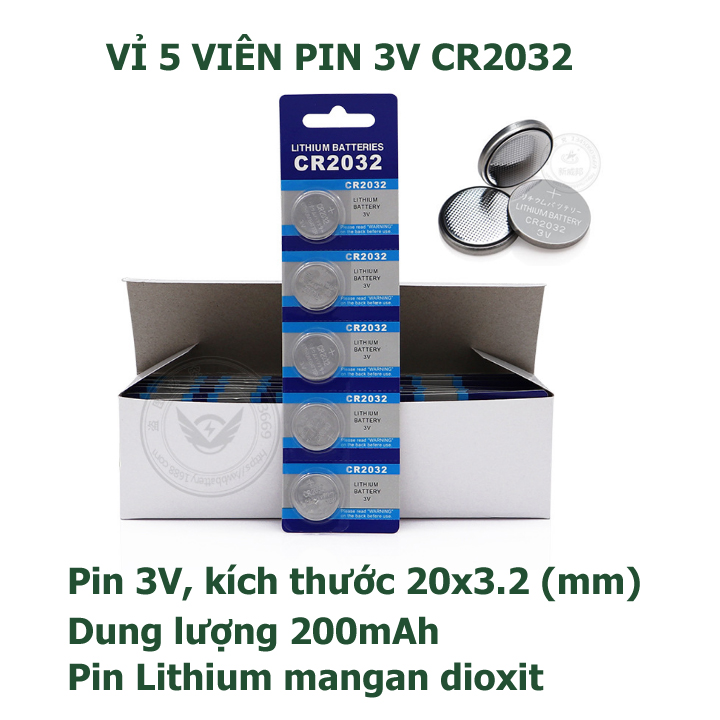 Vỉ 5 viên pin CR2032 3V Lithium dung lượng 200mAh, công tắc điều khiển từ xa, điều khiển từ xa