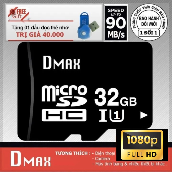 Thẻ nhớ 32gb tốc độ cao u1 , up to 90mb/s dmax micro sdhc class 10+tặng đầu đọc micro pt