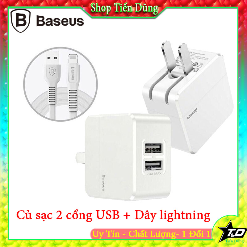 Bộ Củ kèm Kèm 2 Cáp Lightning cho iPhone iPad hỗ trợ sạc nhanh thương hiệu Baseus COCO Series 2 cổng USB Công nghệ Sạc Nhanh Qualcomm QC 3.0 tự động điều chình dòng sạc