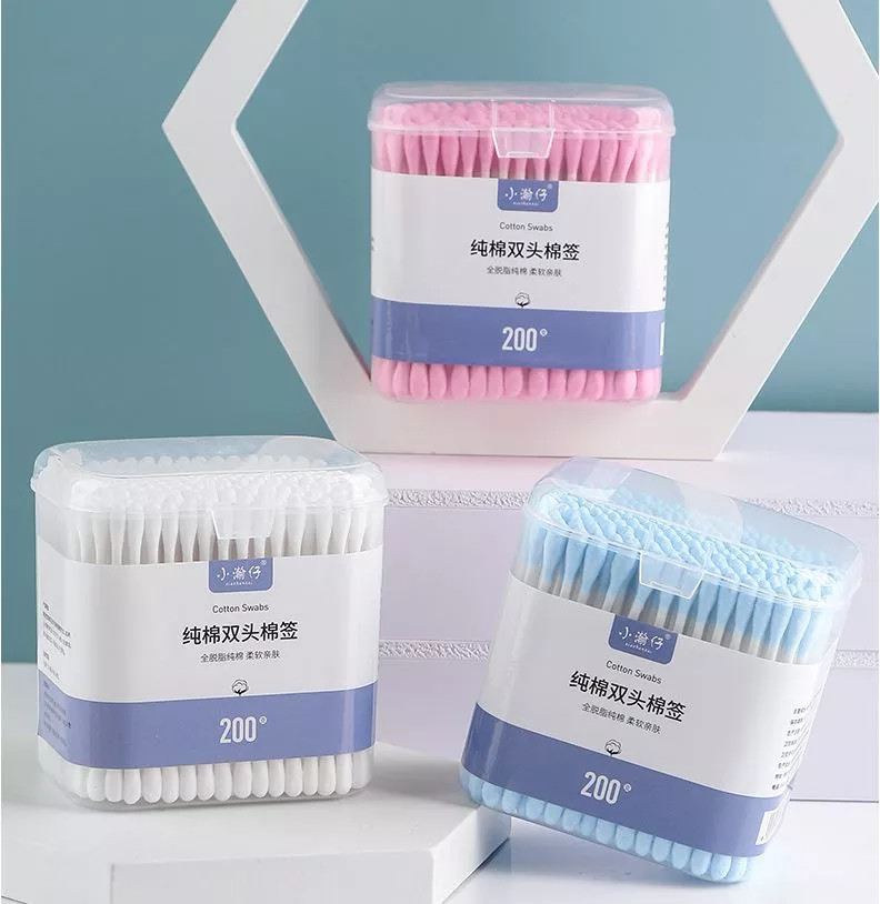 Hộp 500 Tăm bông thân gỗ 2 Đầu Người Lớn 2 Đầu Tròn Và Dẹp Kháng Khuẩn Được Làm Từ Bông Tự Nhiên / Hộp bông tăm 500 que ngoáy tai 2 đầu an toàn khi sự dụng