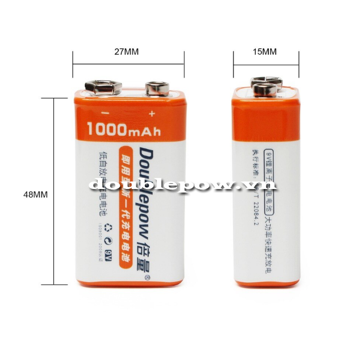 Pin sạc 9V-6F22 Doublepow 1000mAh dung lượng thật