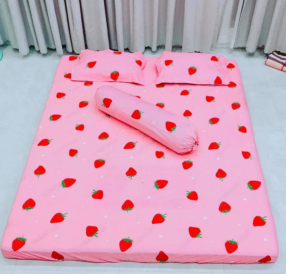 Bộ ga gối kèm vỏ gối ôm cotton poly,đủ kích thước mẫu dâu hồng
