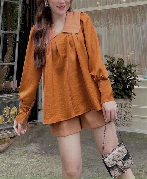 Sét bộ áo sơ mi cổ bèo tay phồng + quần siêu đáng yêu