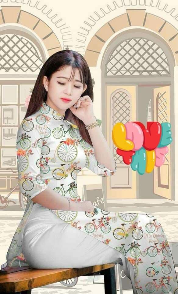 Bộ áo dài truyền thống họa tiết xe đạp CH2 (cổ 2cm tay lỡ)