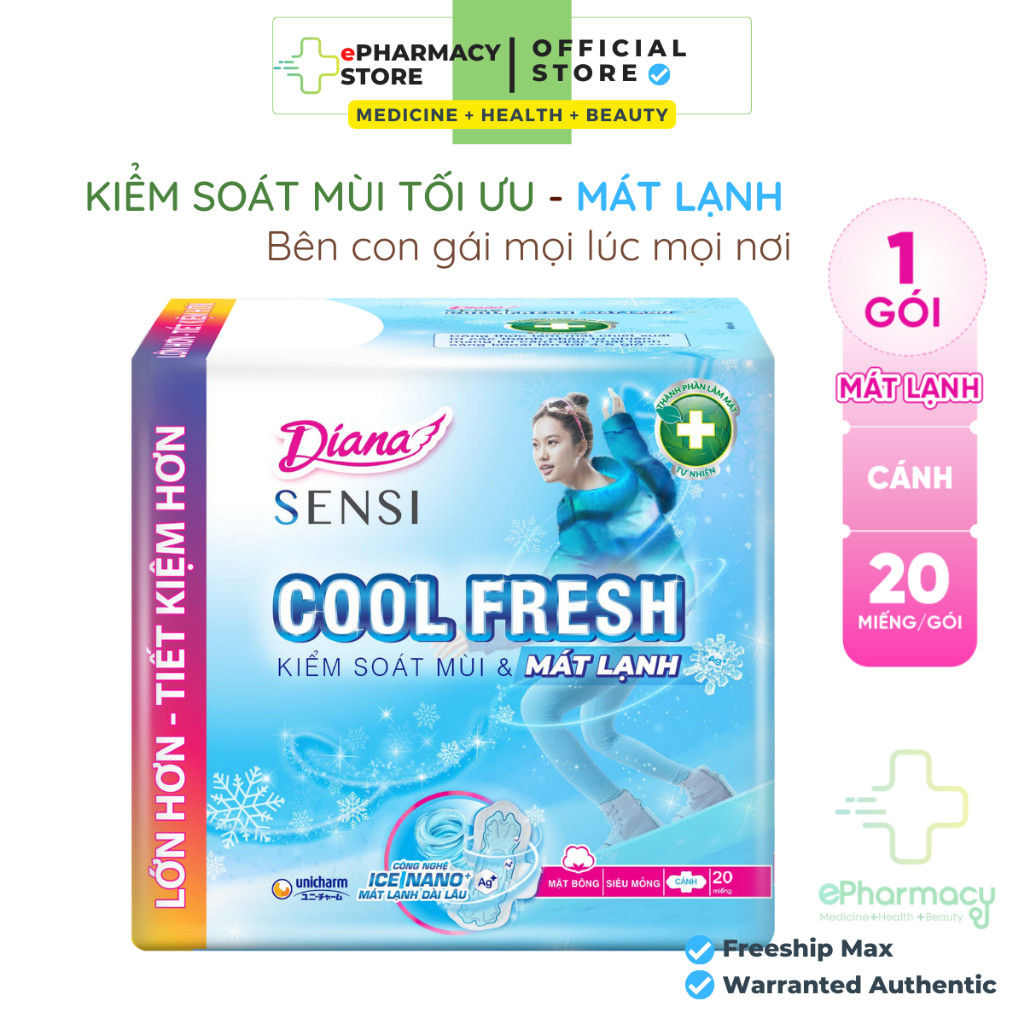 BVS Diana Cool Fresh Siêu Mỏng Cánh - Băng Vệ Sinh Diana SenSi Cool Fresh Siêu Mỏng Cánh 8 Miếng/Gói Và 20 Miếng/Gói
