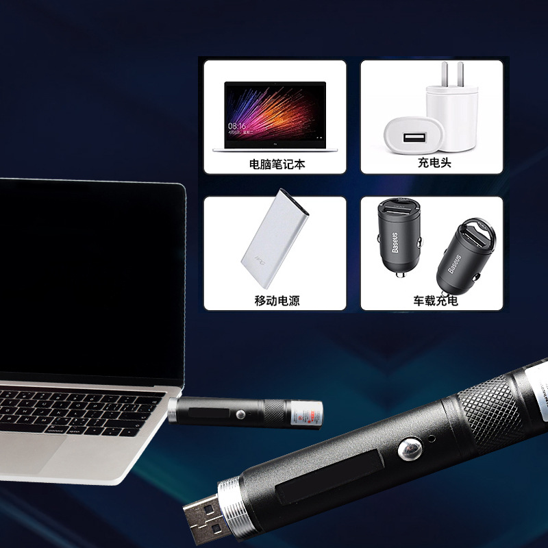 Đèn pin lazer siêu mạnh nhỏ gọn bỏ túi sạc lại qua cổng USB tia xanh