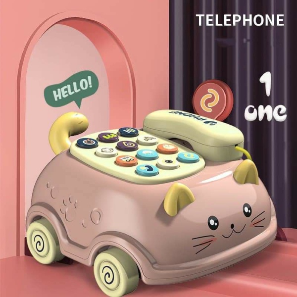 Đồ chơi trẻ em thông minh điện thoại xe kéo mèo cưng màu xanh hồng phát nhạc bằng nhựa ABS an toàn cho bé gái bé trai