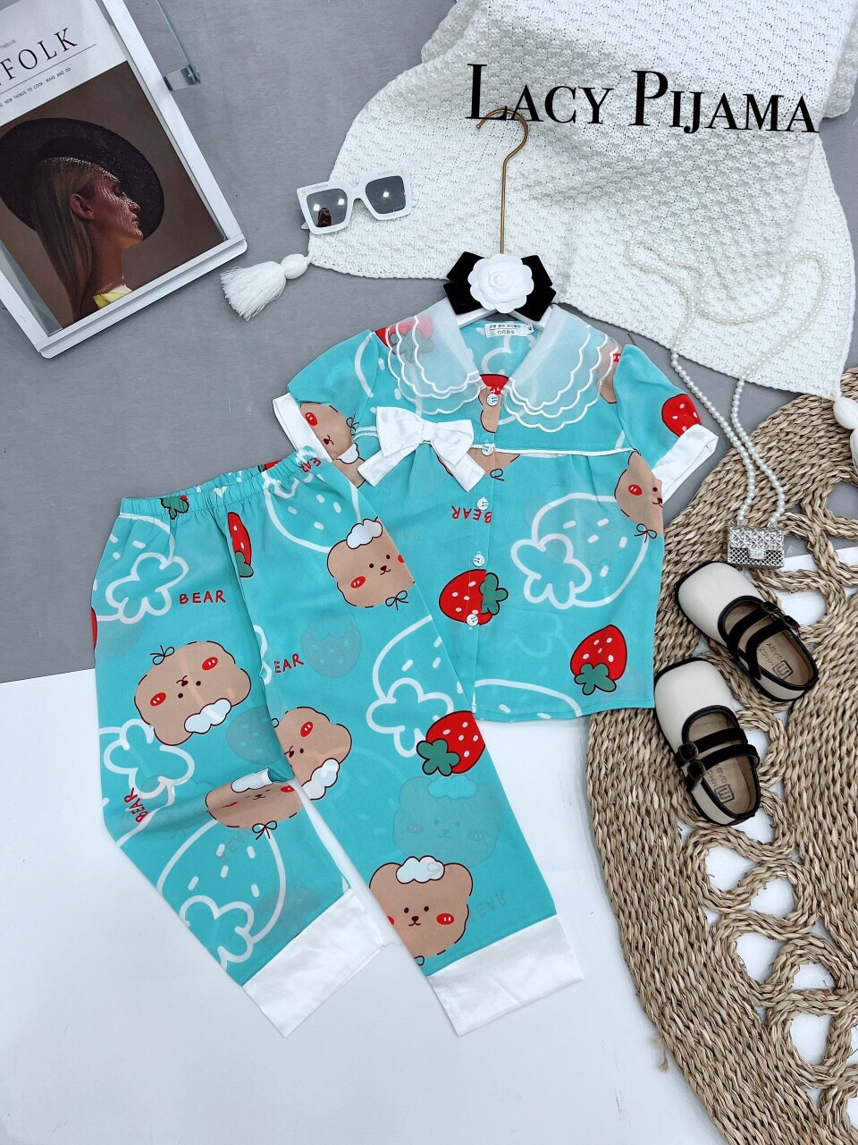 Bộ Ngủ Pijama Lụa Mango Phối Cổ Ba Lá Cho Bé Gái