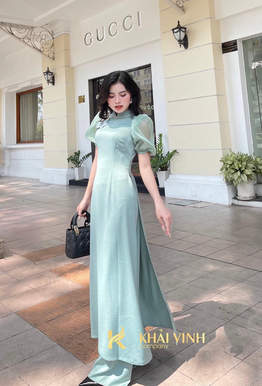 Áo dài cách tân 2 tà đính hoa nổi phối ngọc (3 màu)