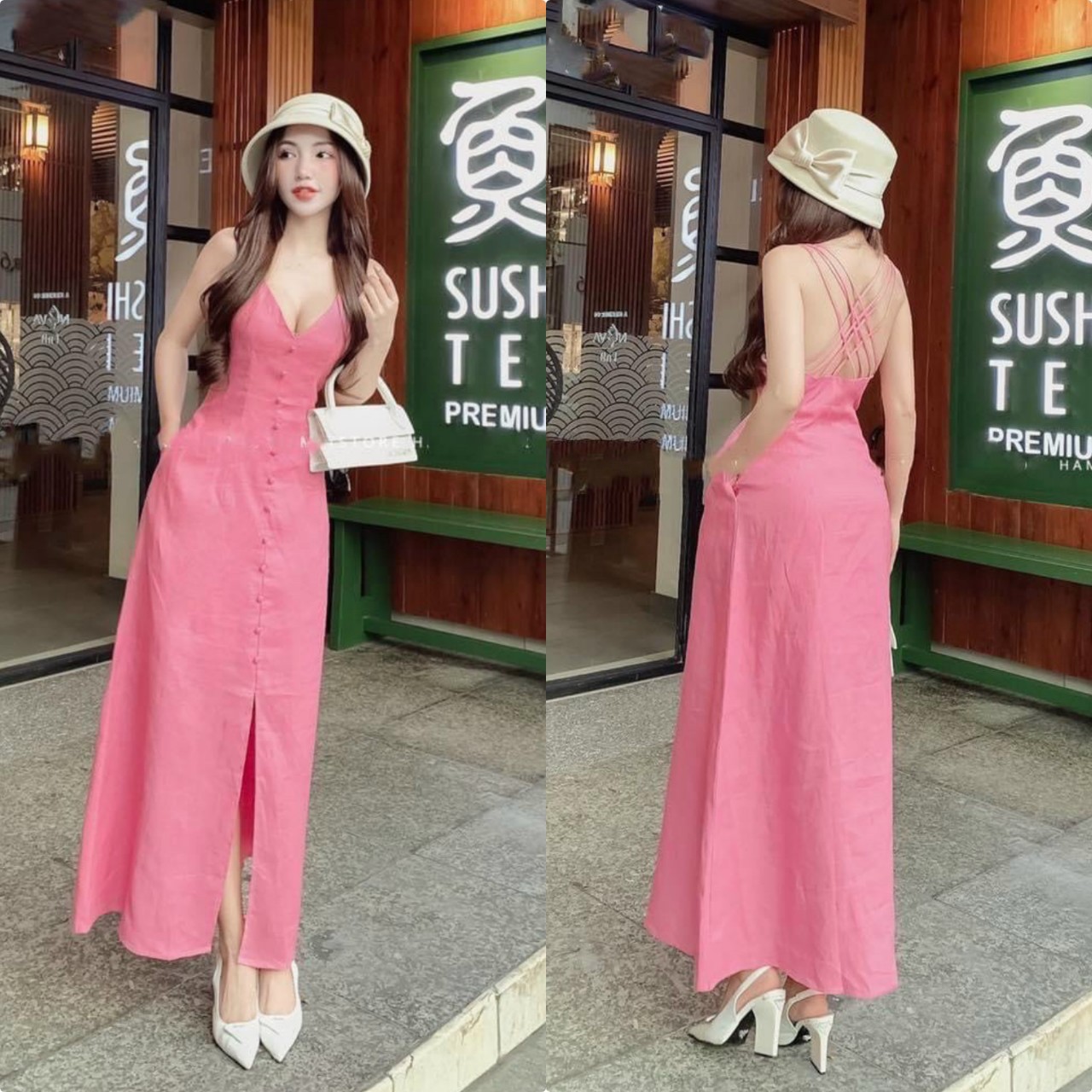 Váy đầm lụa dây đan lưng thiết kế đính nút xẻ tà (có mút)