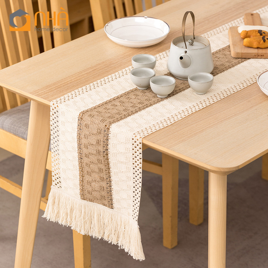 Khăn Trải Bàn Table Runner Tua Rua Trang Trí Bàn Ăn
