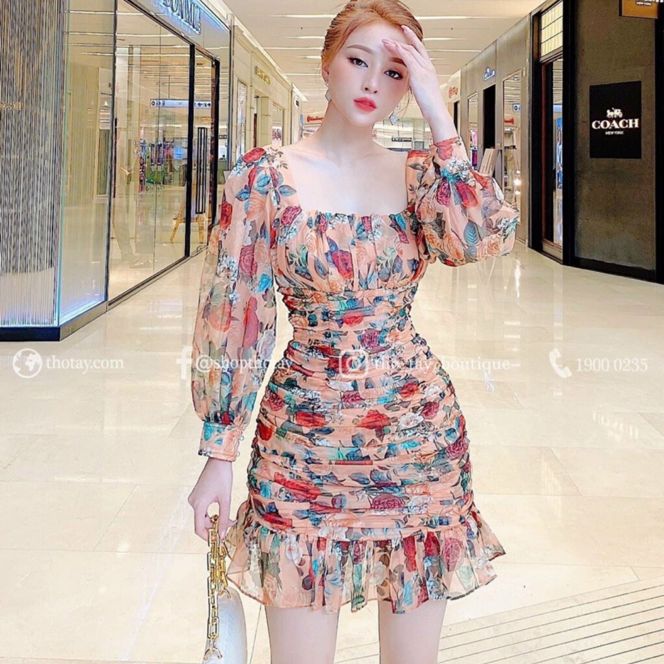 Đầm Đuôi Cá Cổ Vuông Nhún Co Giãn