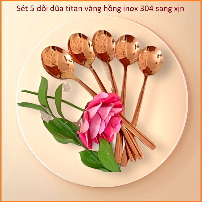 Set 5 Thìa INOX 304 Gold Rose (màu Vàng Hồng)- Muỗng Ăn Cơm Sup - Thìa Lớn 20,4cm inox 304  Cao Cấp Sang Trọng.
