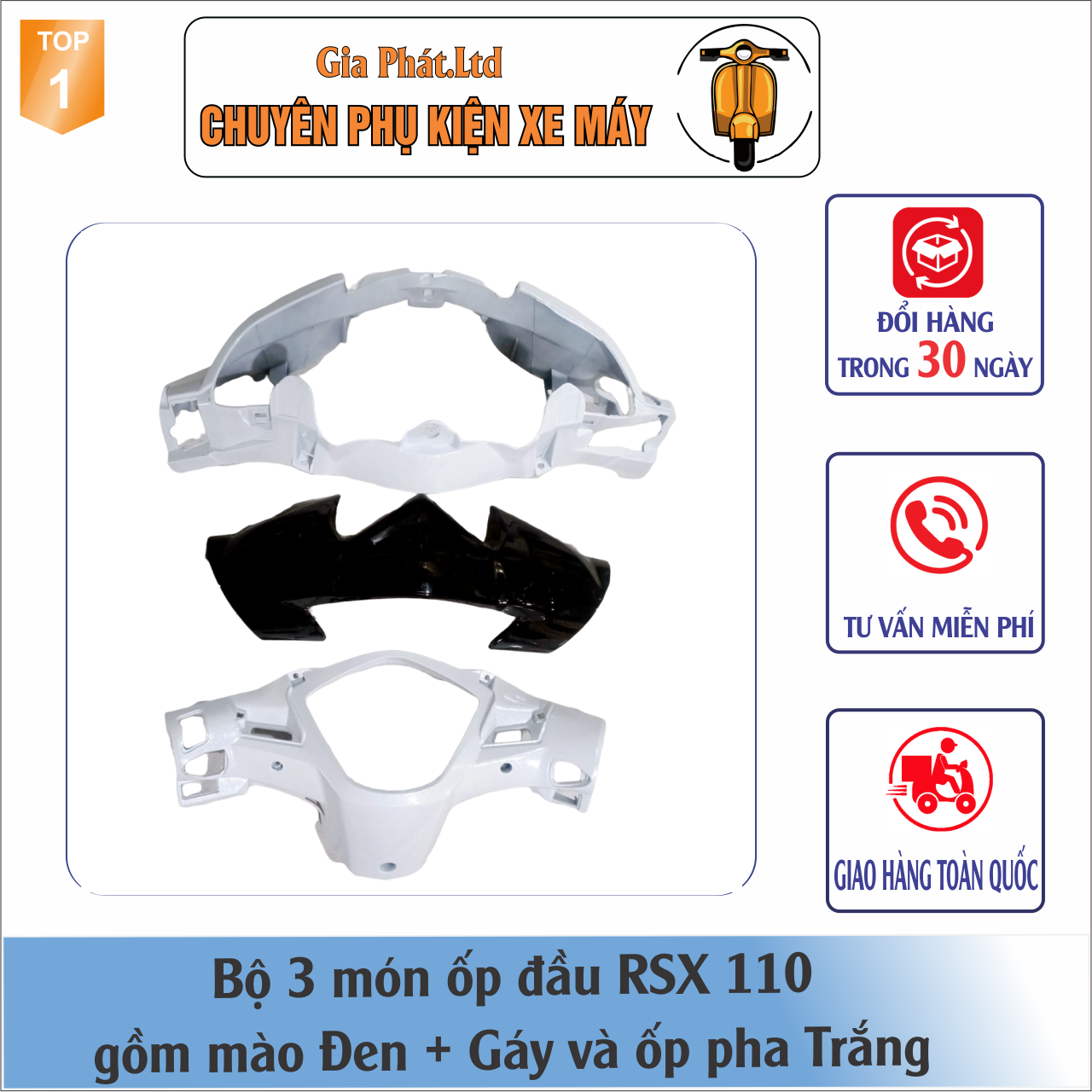 Bộ ốp đầu wave rsx 110 gồm mào đen - gáy trắng - và pha đèn kèm bóng cho xe đời 2010-2012