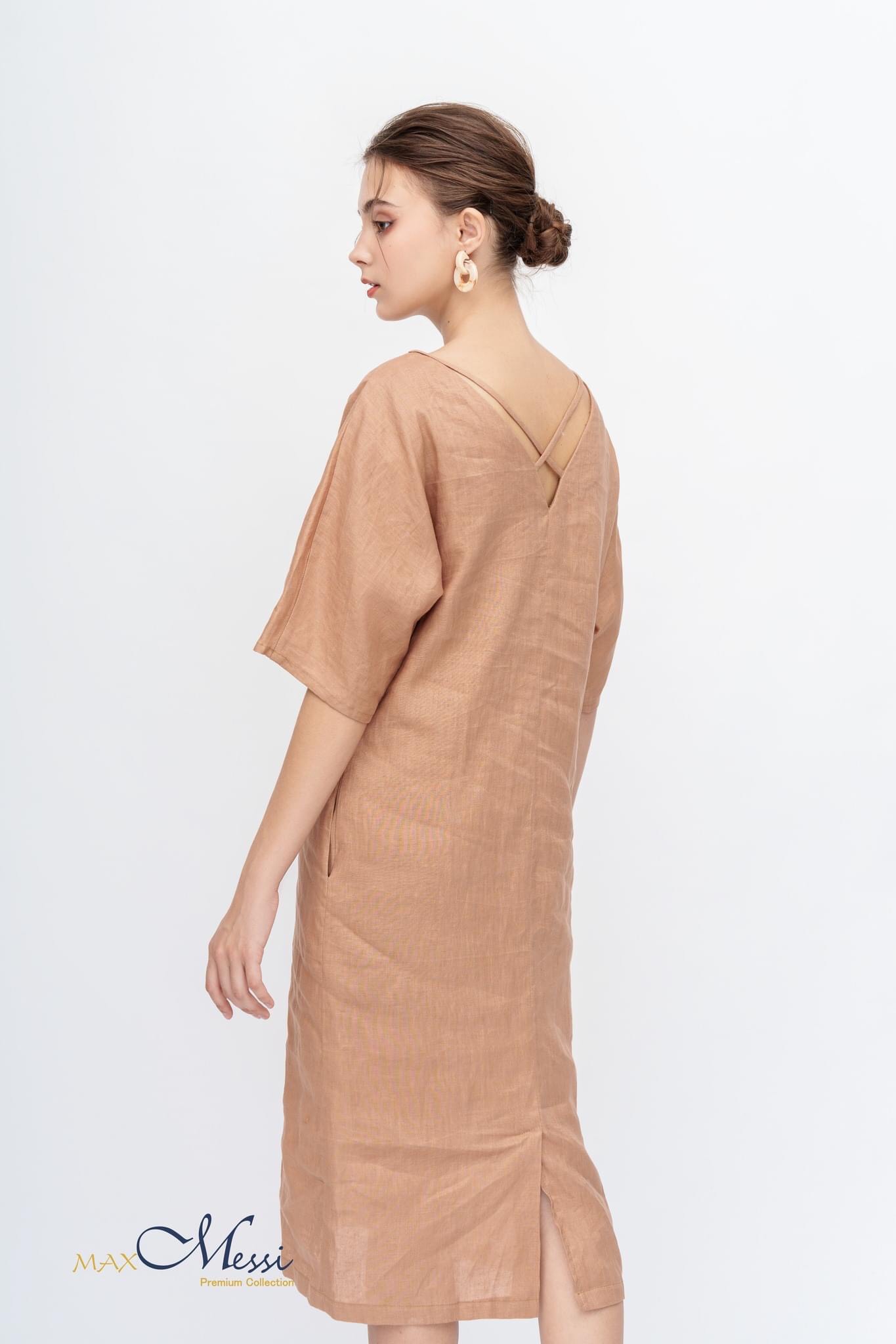 Đầm linen dáng rộng vai đỗ ELIZA - MaxMessi