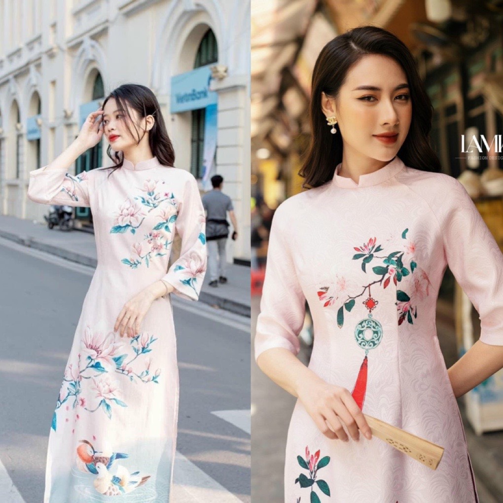 Áo dài cách tân lụa gấm mã h5- hồng nhạt