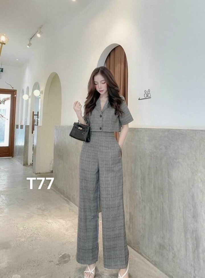 [HCM]Sét Đồ Bộ Kiểu Nữ Đi Chơi Caro Áo Cổ Vest & Quần Dài - set bộ cổ vest cực chất  T77